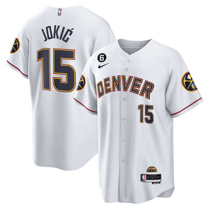 Men%27s Denver Nuggets #15 Nikola Jokic White With No.6 Patch Cool Base Stitched Jersey Dzhi